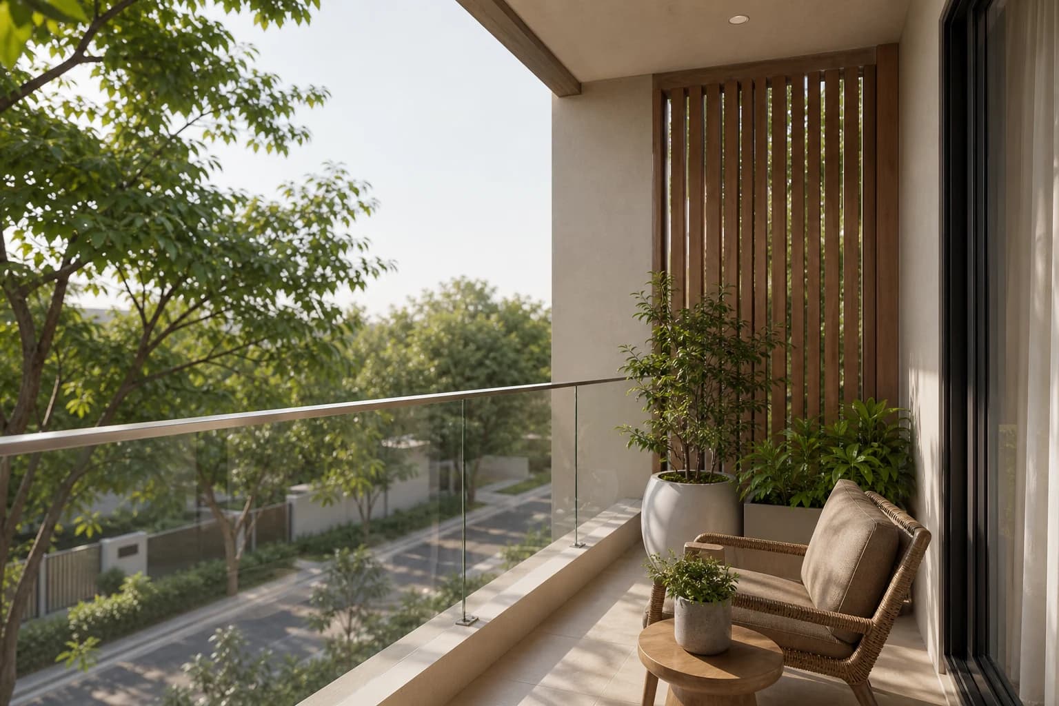 Light-filled balcony overlooking landscaped surroundings
