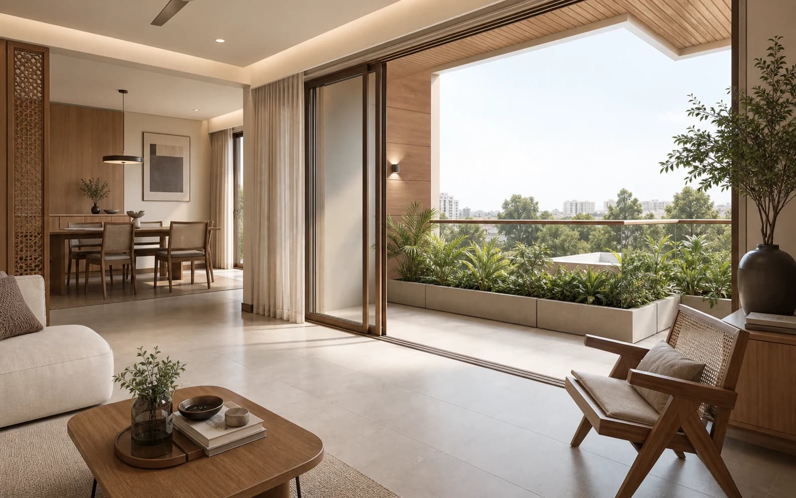 Living space opening onto a generous balcony