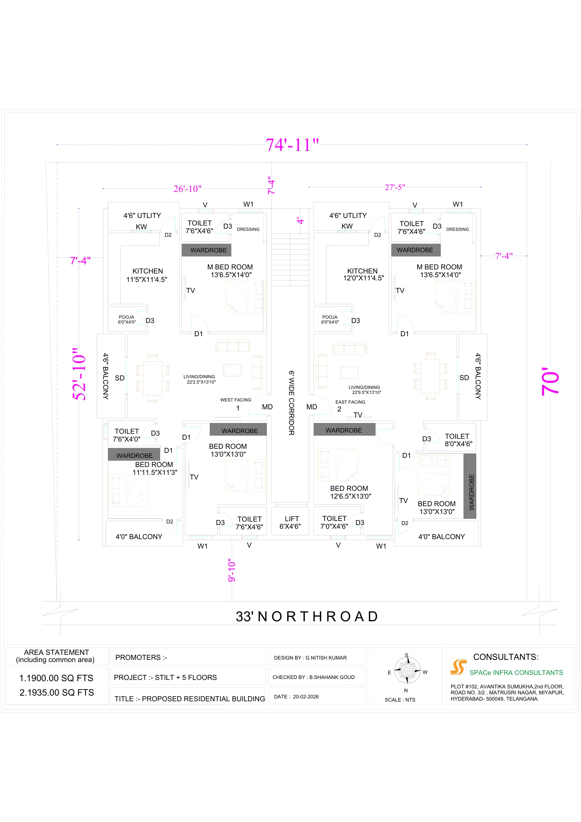 Typical floor plan showing east and west 3 BHK residences